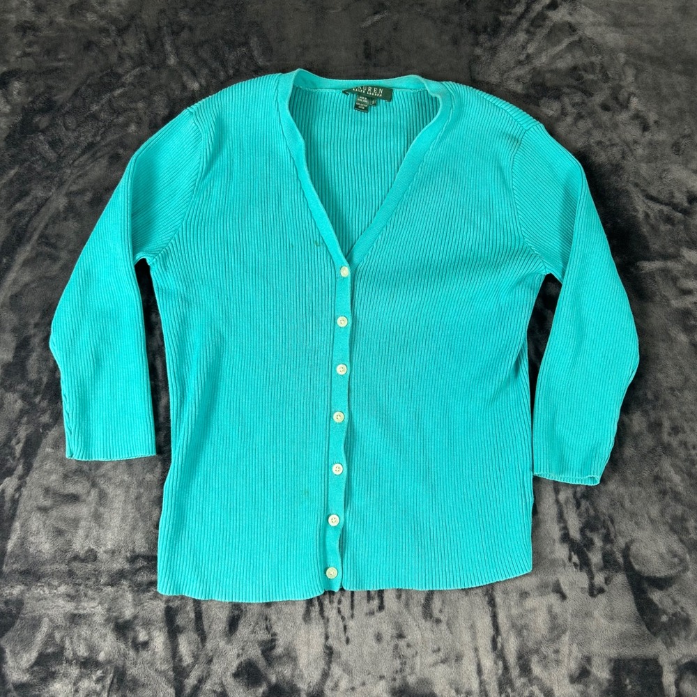 Lauren Ralph Lauren Cardigan Womens Size S Teal Blue Ribbed Knit 100% Cotton